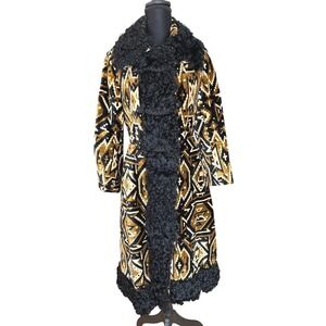 Vintage Southwestern/Navajo-style tapestry coat with Mongolian lamb trim